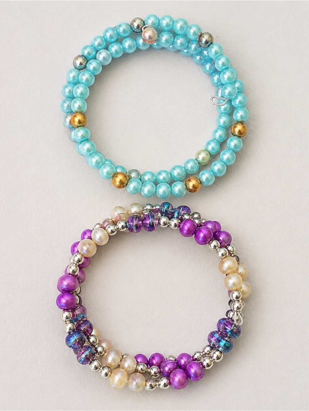 Multi-Color Beaded memory wire Bracelet Set - Turquoise & Purple